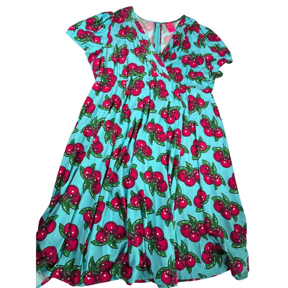 Torrid Betsey Johnson Blue Cherry Print Surplice Midi Dress Plus Size 24 Pockets - Picture 9 of 15